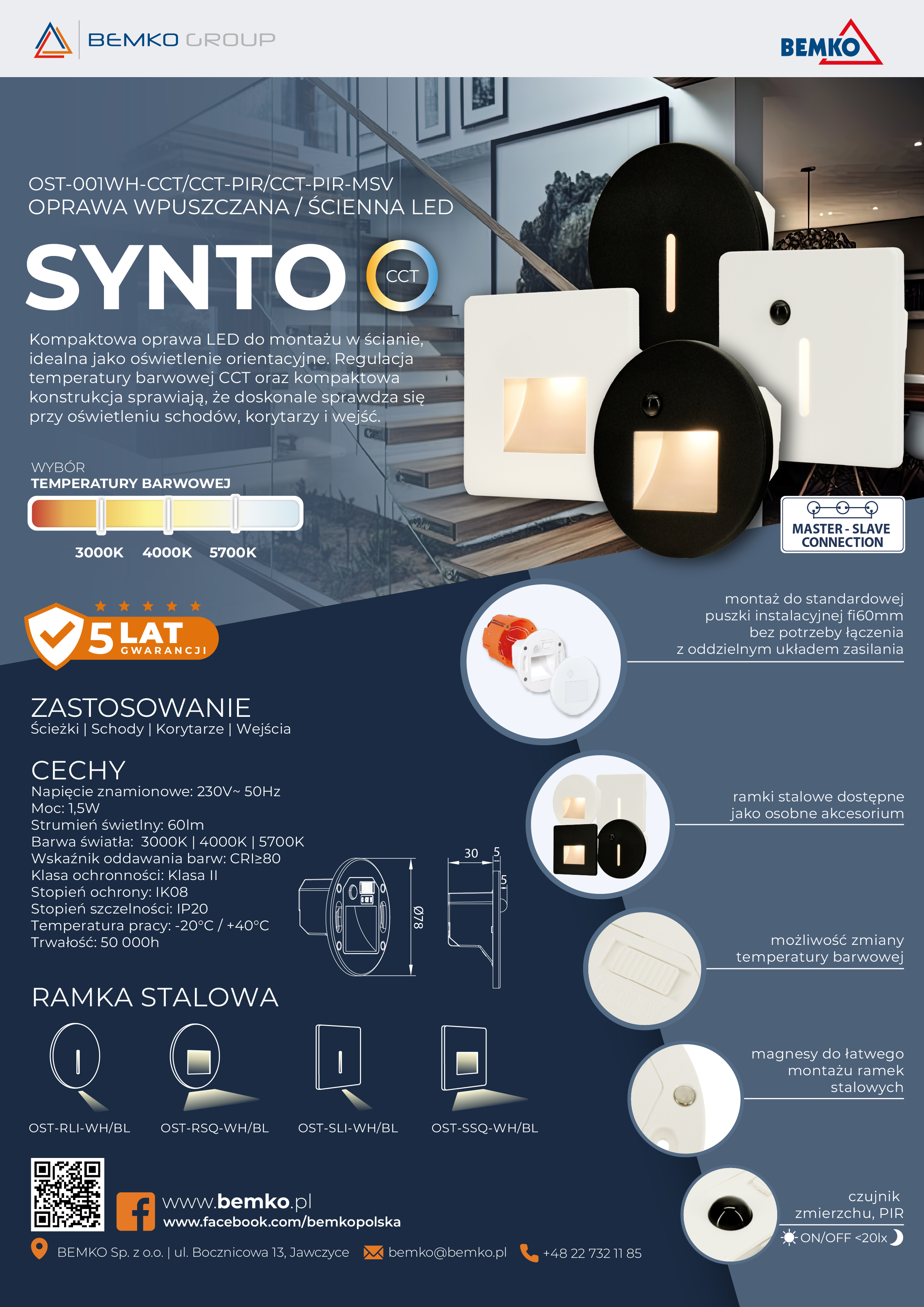 OST-001WH-CCT/CCT-PIR/CCT-PIR-MSV – OPRAWA WPUSZCZANA / ŚCIENNA LED SYNTO